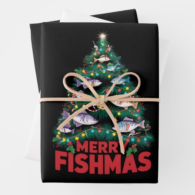 Feuille De Papier Cadeau Joyeux Poissons de Noël Lumières Poissons Pêche (En situation)