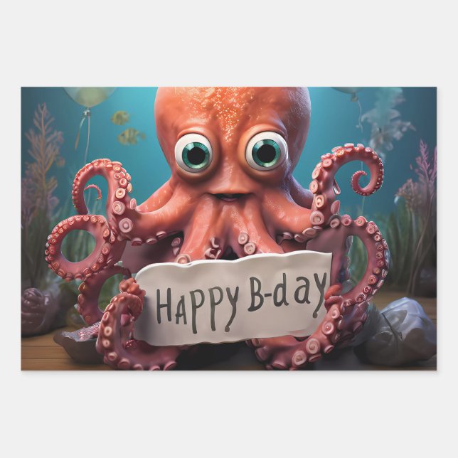 Feuille De Papier Cadeau Joyeux poulpe d'anniversaire (Devant)