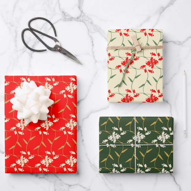 Feuille De Papier Cadeau Joyeux Regal Floral Rouge clair, Vert, Ivoire (Recto)