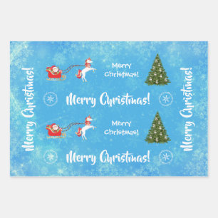 Feuille De Papier Cadeau Joyeux sapin de Noël Père Noël Cute Kids Unicorn B