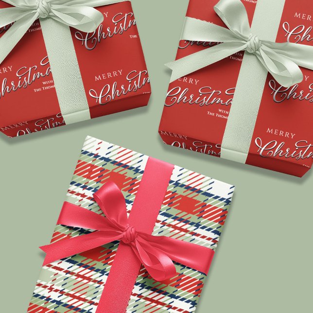 Feuille De Papier Cadeau Joyeux script de calligraphie de Noël Simple Rouge (Merry Christmas holiday wrapping paper sheets with red plaid pattern )