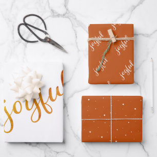 Feuille De Papier Cadeau Joyeux Script Snowflakes Orange Holiday