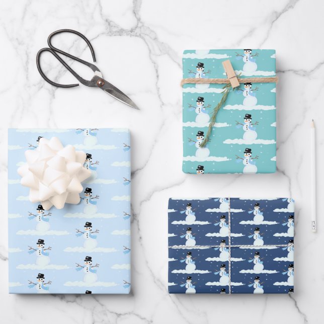 Feuille De Papier Cadeau Joyeux Snowman Motif Bleu Noël hiver (Recto)