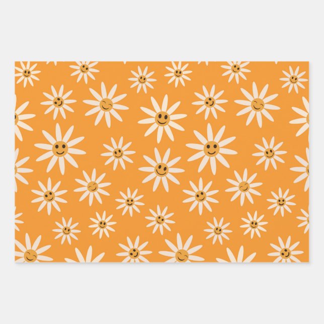 Feuille De Papier Cadeau Joyeux sourire rétro fleurs blanches motif (Devant)
