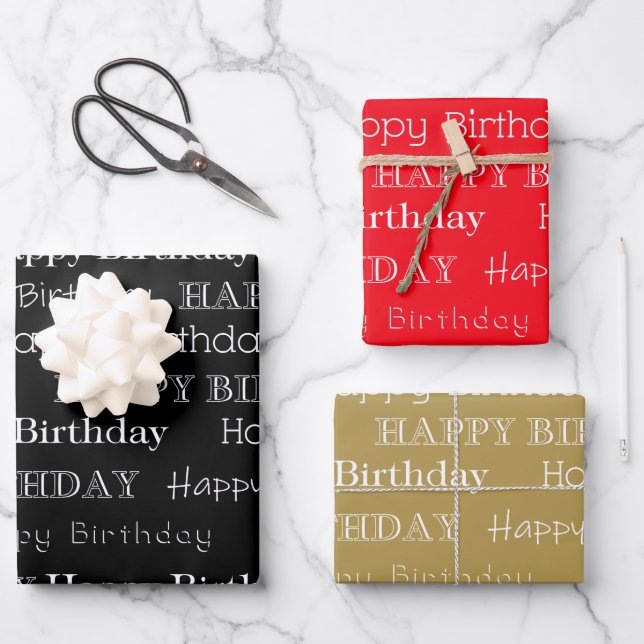 Feuille De Papier Cadeau Joyeux texte d'anniversaire couvert Black Red Gold (Recto)