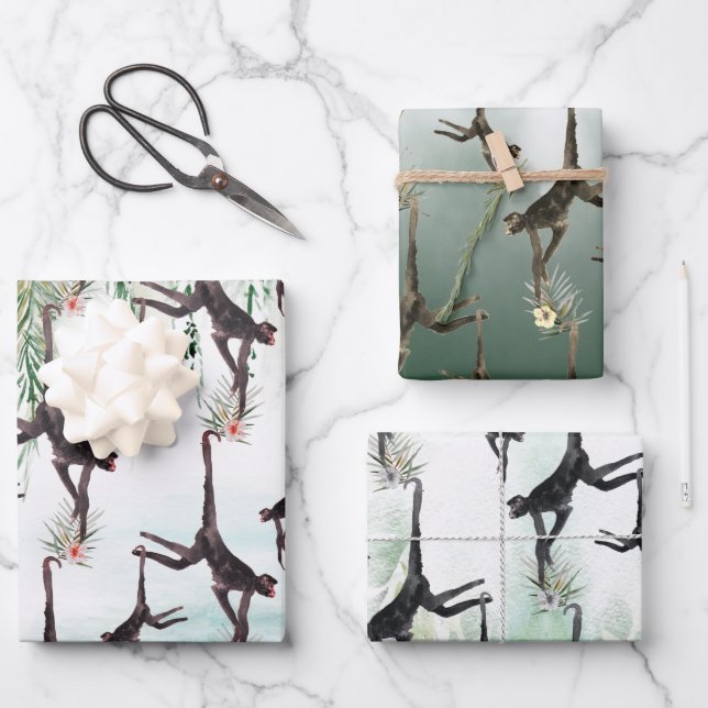 Feuille De Papier Cadeau Jungle de singe de l'Aquarelle tropicale (Recto)