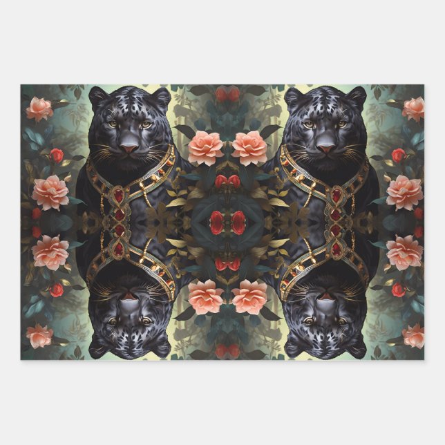 Feuille De Papier Cadeau Jungle roi majestueux lion panthère & tiger (Devant)