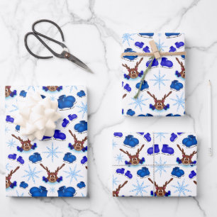 Feuille De Papier Cadeau Kasky Jote Christmas Reindeer On Blue Ice Patins