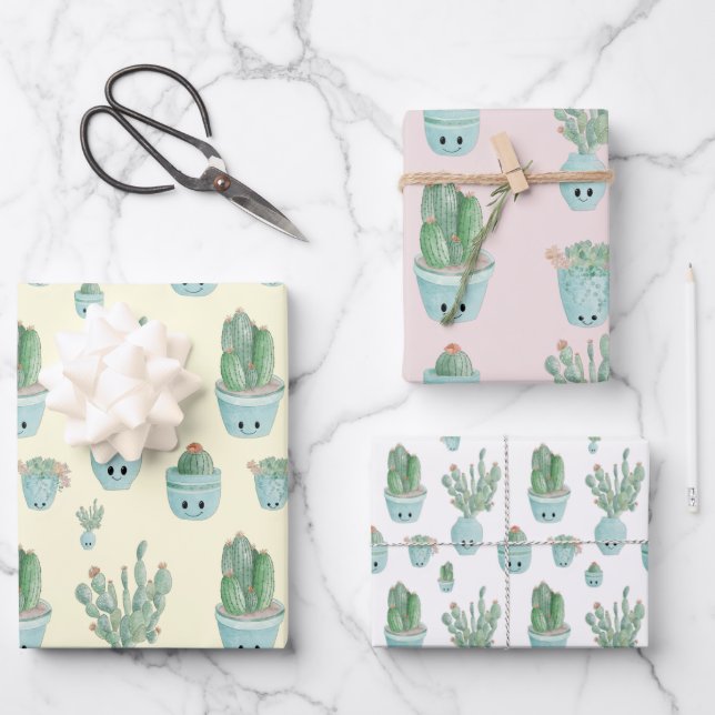 Feuille De Papier Cadeau Kawaii Cactus Enveloppe cadeau - ensemble de 3 (Recto)