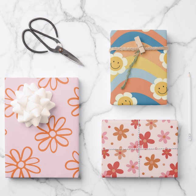 Feuille De Papier Cadeau Kawaii Rétro Rose Marguerite (Recto)