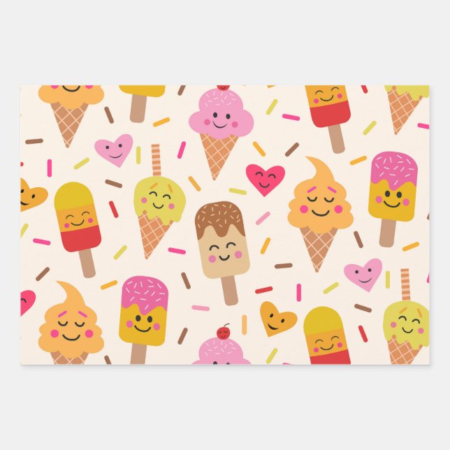 Feuille De Papier Cadeau Kawaii Souriant Anniversaire de enfant crème glacé (Devant)