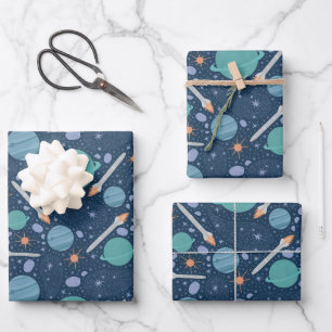 Feuille De Papier Cadeau Kids Rocket Ship Jupiter Saturn Planet Stars