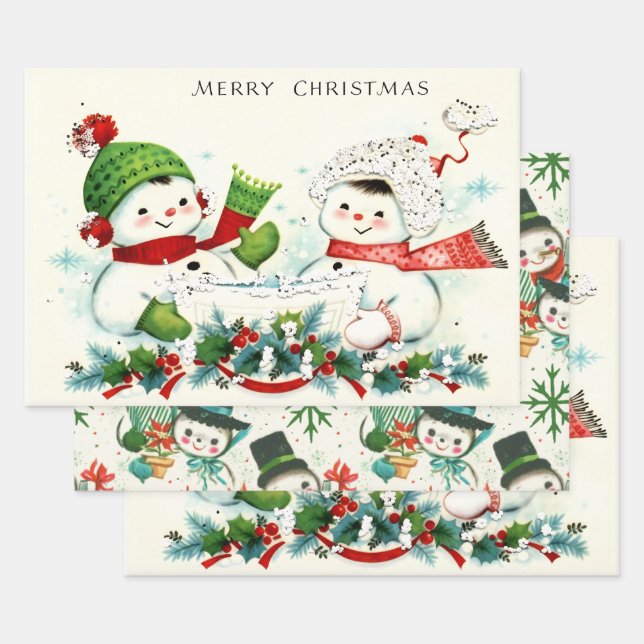 Feuille De Papier Cadeau Kitschy Retro Snowmen (Lot)