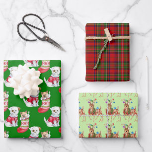 Feuille De Papier Cadeau Kitten de rennes de Noël, Chien et Rouge Vert Plai