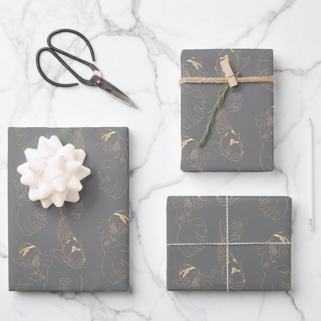 Feuille De Papier Cadeau Koi japonais en gris et or (Recto)