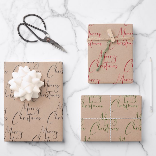 Feuille De Papier Cadeau Kraft Rustique Joyeux Noël Noir Rouge Vert (Recto)