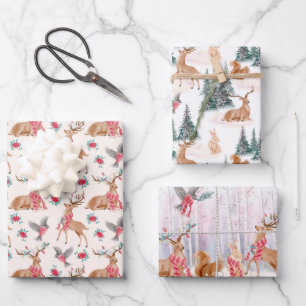 Feuille De Papier Cadeau La faune des cerfs de Noël Lapins Écureuils