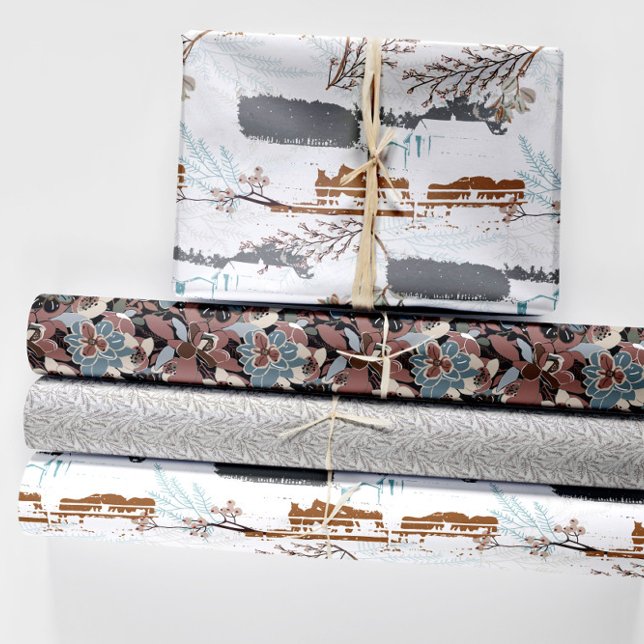 Feuille De Papier Cadeau La ferme hivernale des Magnolias (Winter Horse Farm Magnolias Wrapping Paper Sheets from Jenn Steffen Art for Jenn's Emporium. )