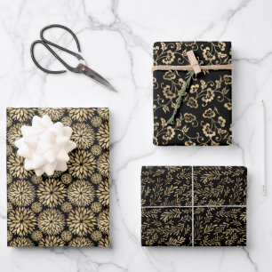 Feuille De Papier Cadeau La nature extérieure florale motif d'or noir éléga