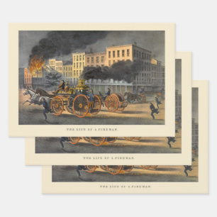 Feuille De Papier Cadeau La vie d'un pompier Vintage 1860s Lithograph