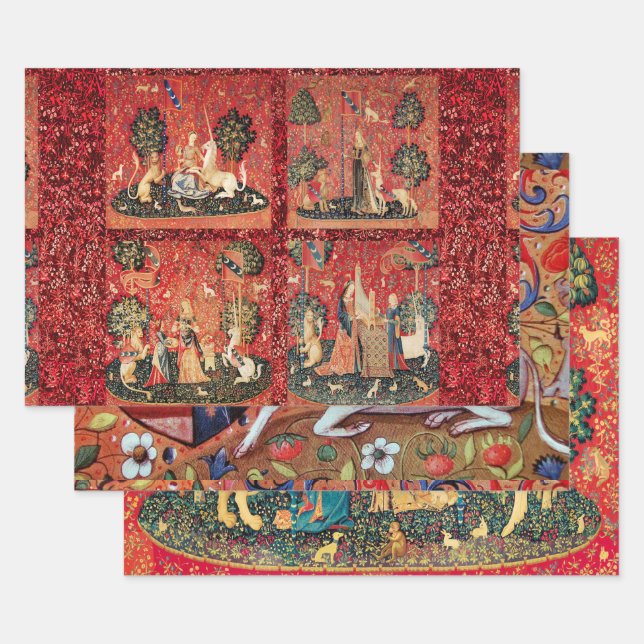 Feuille De Papier Cadeau LADY AND UNICORN Lion, Fleurs, Animaux Guerre médi (Lot)