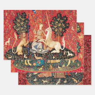 Feuille De Papier Cadeau LADY AND UNICORN Lion, Fleurs, Animaux Médiévaux 
