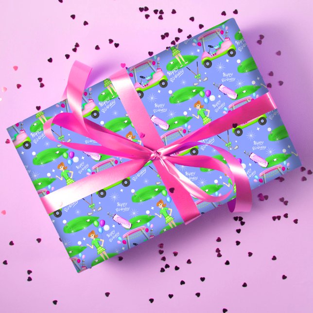 Feuille De Papier Cadeau Lady Golf Thème Joyeux Anniversaire (Créateur téléchargé)