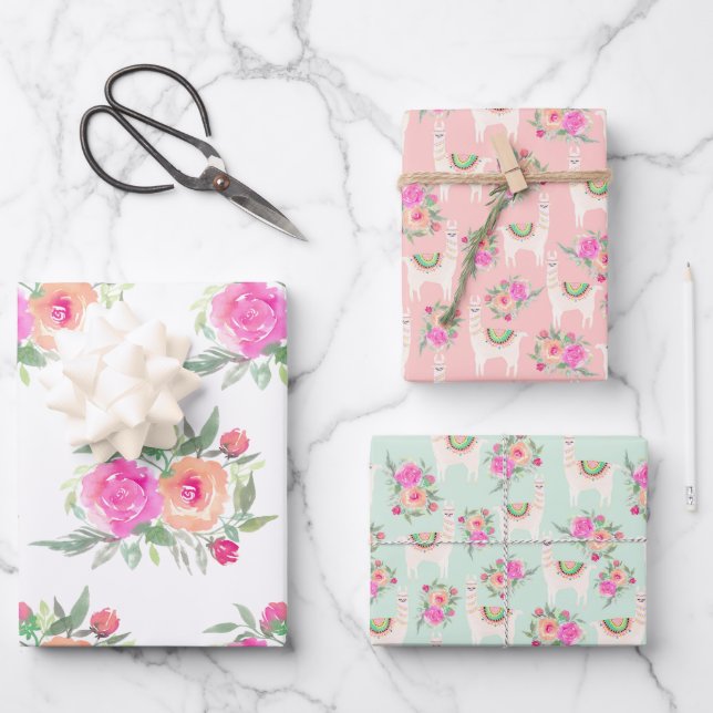 Feuille De Papier Cadeau Lama floral aquarelle (Recto)