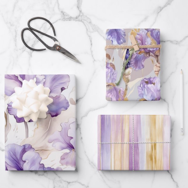Feuille De Papier Cadeau Lancement Romantique Fleurie Iris Crème Violet (Recto)