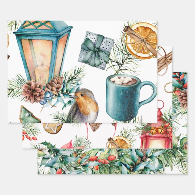 Feuille De Papier Cadeau Lanternes d'hiver de Noël Holly 3 Designs (Lot)