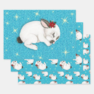 Feuille De Papier Cadeau Lapin blanc Dormir en arrière - plan bleu étincela