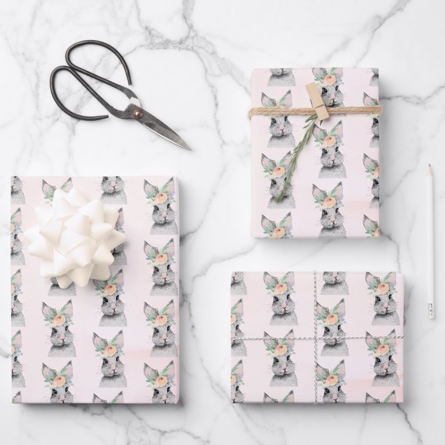 Feuille De Papier Cadeau Lapin de Pâques Floral (Recto)