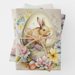 Feuille De Papier Cadeau Lapin de Pâques vintage et poussin