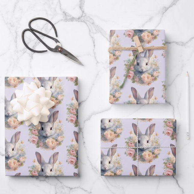 Feuille De Papier Cadeau Lapin entouré de fleurs pastel, joli motif (Recto)