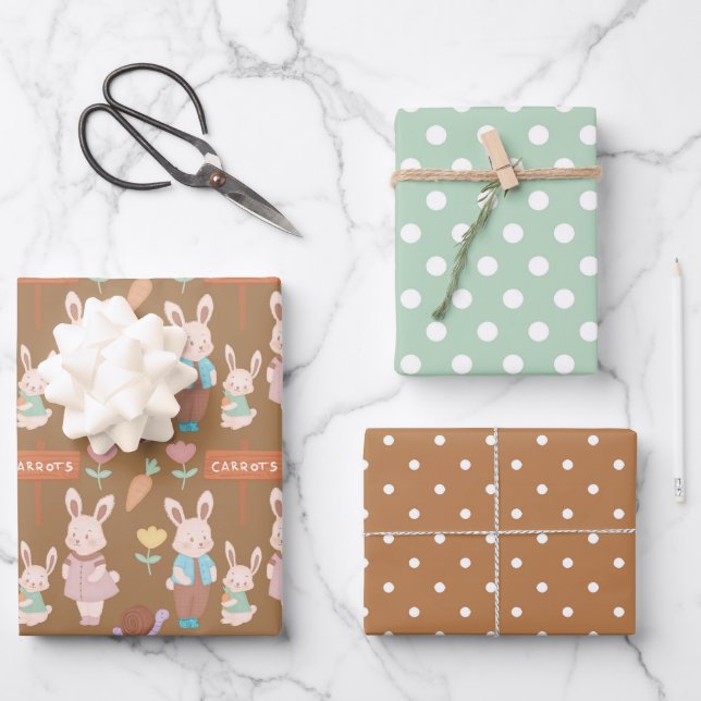Feuille De Papier Cadeau Lapin Lapin Famille Carottes et Spotty Motif (Recto)