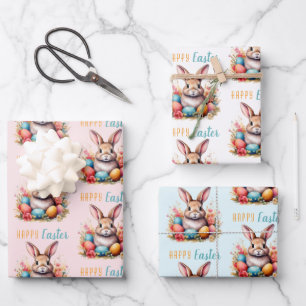 Feuille De Papier Cadeau Lapin Mignon Œufs Colorés Fleurs Joyeuses Pâques