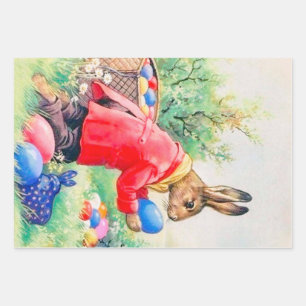 Feuille De Papier Cadeau Lapin mignon vintage et oeufs colorés de Pâques