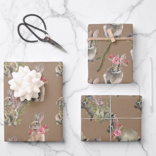 Feuille De Papier Cadeau Lapins Bébés Russes Kraft habillés pour une fête (Recto)