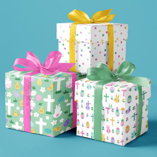 Feuille De Papier Cadeau Lapins de Pâques Œufs & Croix Motifs Colorés