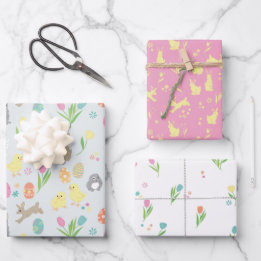 Feuille De Papier Cadeau lapins de Pâques, poussins, oeufs peints