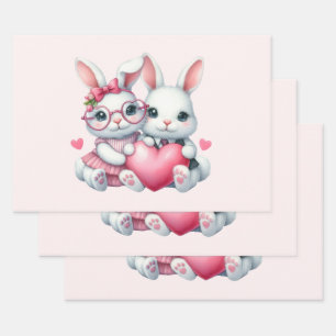 Feuille De Papier Cadeau Lapins mignons partageant un cœur