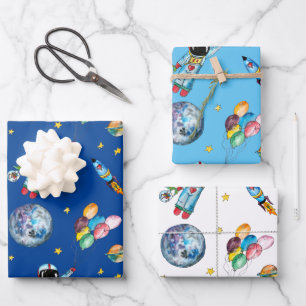 Feuille De Papier Cadeau L'astronaute Rainbow Balloons Rocket Space Kids Bl