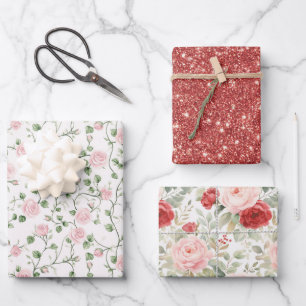 Feuille De Papier Cadeau Lavage Pailleté Rose Fleurs Roses Rouges Lavage Nu
