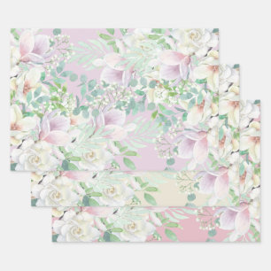 Feuille De Papier Cadeau Lavande d'aquarelle Pastel, Flore rose et blanche