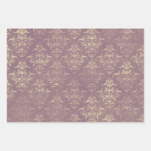 Feuille De Papier Cadeau Lavande et Damas d'or