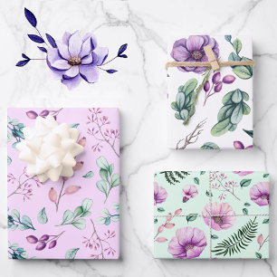 Feuille De Papier Cadeau Lavande et fleurs vertes 3 coordonnées