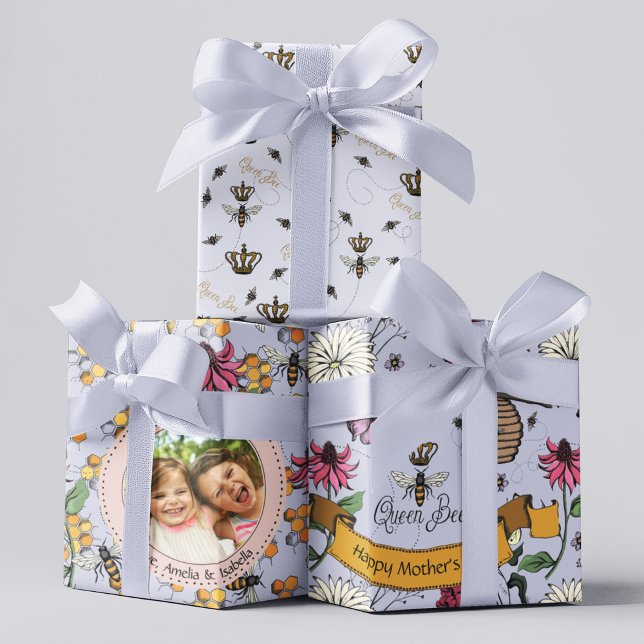 Feuille De Papier Cadeau Lavender Queen Bee & Gold Crown Photo (3 Pretty Hand-Drawn Mothers Day Royal Queen Bee Patterns in Purple. Custom Photo & Personal Messages)