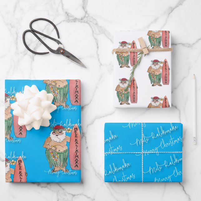 Feuille De Papier Cadeau Le Père Noël d'Hawaï Mele Kalikimaka (Recto)