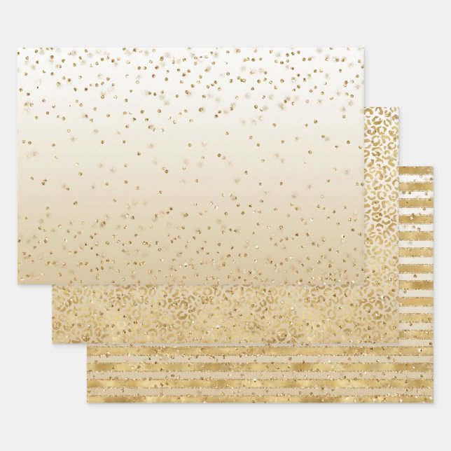 Feuille De Papier Cadeau Léopard blanc brillant d'or rayures (Lot)