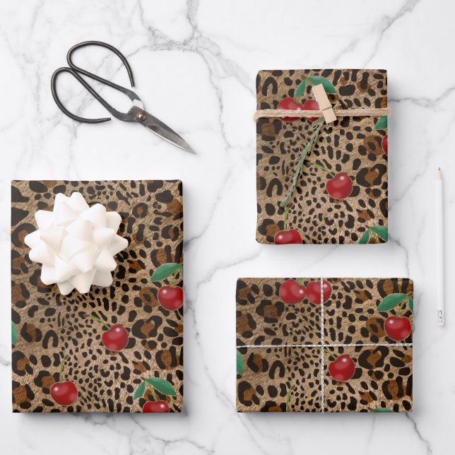 Feuille De Papier Cadeau Leopard Cheetah Animal Print Red Cherry Pattern (Recto)